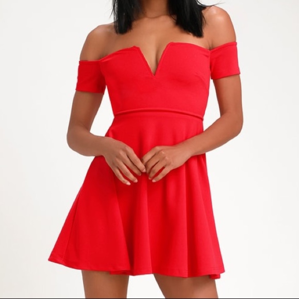 Play the Party Red Off-the-Shoulder Skater Dress